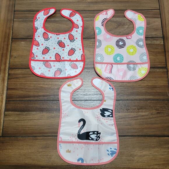 Set of 3 Infant Girl Super Bibs: Strawberries, Donuts & Swans - Picture 1 of 6